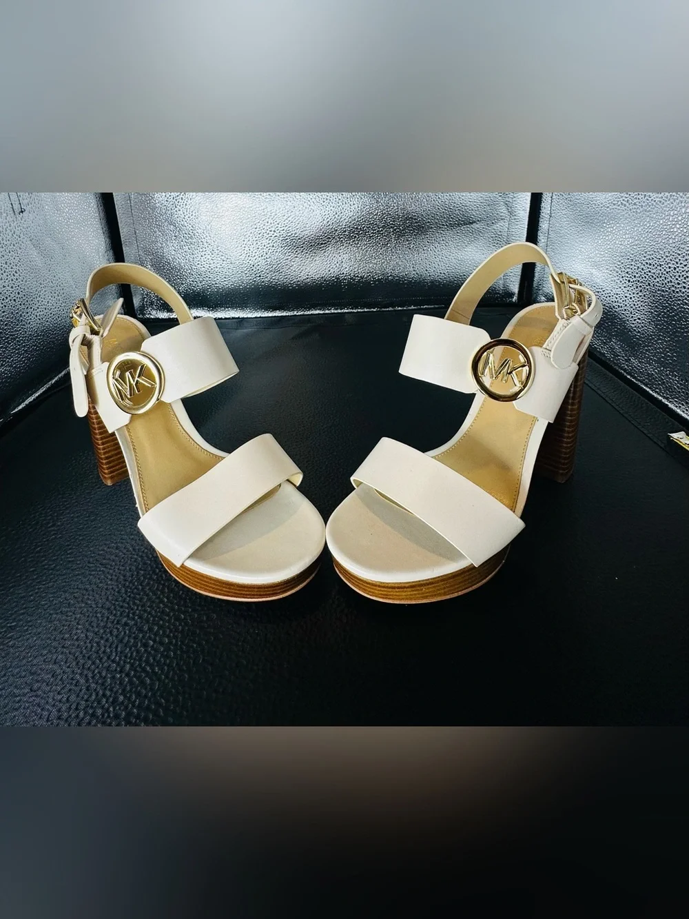 MICHAEL KORS Cream Leather Platform Block Heel Sandals with Gold MK Logo